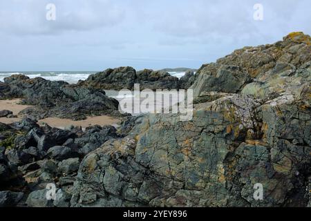 Basaltische Lava aus Kissen Unterwasser vulkanische Aktivität zwischen 500 und 600 Millionen Jahren gebildet. Bei Filey Sands, Anglesey, Wales, UK fotografiert. Stockfoto