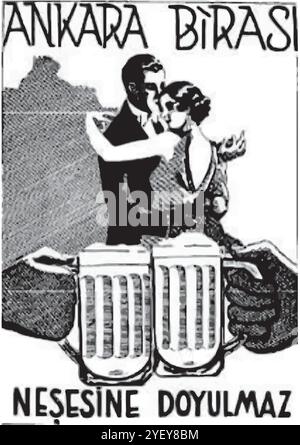 Mann und Frau tanzen mit einem Glas Bier, Becher in den Händen, Retro-Typografie, nostalgische Illustration Werbestil, romantisch, Jubel Stock Vektor