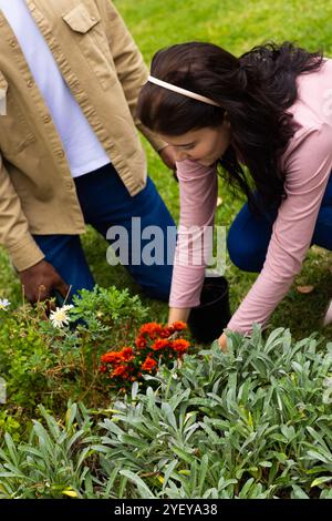 Gemeinsam im Garten arbeiten, multirassische Paare Pflanzen Blumen im üppigen grünen Garten und genießen die Natur Stockfoto