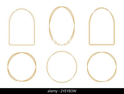 Legen Sie die goldenen Rahmen fest. Dekorationselemente aus Bogen, Runde, Ellipse für Hochzeitseinladungen, große Eröffnung, Grußkarte, Zertifikat Stock Vektor