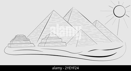 Ägyptische Pyramiden. Strichgrafik-Illustration. Feiertags- und Geschichtskonzept. Stock Vektor