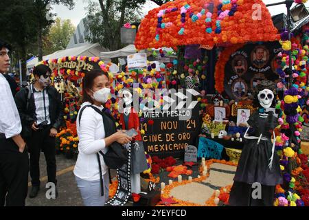 Die Menschen nehmen am 1. November 2024 an der siebenundzwanzigsten Ausgabe des University Day of the Dead Festivals „Mega Ofrenda UNAM 2024, Mexico Seen through the Lens“ am Esplanade und Parkplatz des UNIVERSUM, Museum of Sciences der Nationalen Autonomen Universität von Mexiko (UNAM) in Mexiko-Stadt Teil. Dieses Jahr ist diese Mega Ofrenda dem mexikanischen Kino gewidmet und kann vom 1. Bis 3. November 2024 besucht werden. (Foto von Jose Luis Torales/NurPhoto)0 Credit: NurPhoto SRL/Alamy Live News Stockfoto