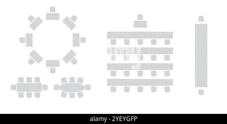 Sitzplan für Hochzeiten. Konferenz Bankett Seminarraum Inneneinrichtung, Konferenzsaal und Seminarraum Inneneinrichtung. Vektor-Draufsicht von Stock Vektor