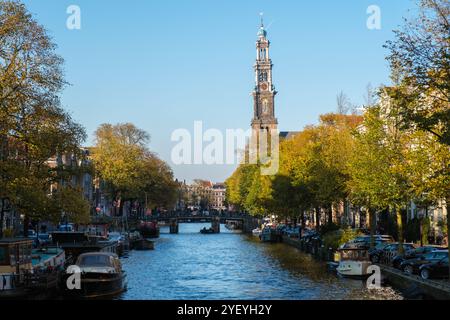 Goldene Blätter gleiten sanft von den Bäumen, die die ruhigen Kanäle von Amsterdam säumen. Der berühmte Westerkerk-Turm steht hoch, während die Boote friedlich schweben und das Wesen eines Herbsttages festhalten Stockfoto