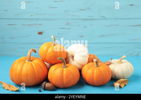 Festliche Herbstdekoration aus Kürbissen und Blättern auf blauem Holzhintergrund. Draufsicht Stockfoto