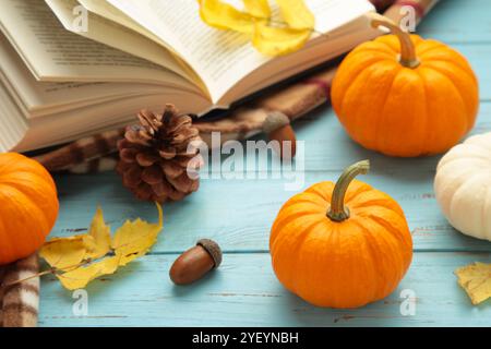 Hallo Herbst. Kürbis, Herbstblätter und Buch auf Blau. Frohe Thanksgiving. Draufsicht Stockfoto