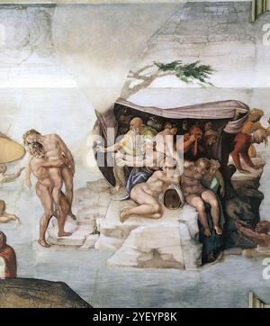 MICHELANGELO di Lodovico Buonarroti Simoni (* 1475, Caprese, d. 1564, Roma) die Sintflut (Detail) 1508-09 Fresco Cappella Sistina, Vatikan einige Menschen sind wegen ihrer übermäßigen Bindung an weltliche Dinge verloren und suchen Sicherheit, um ihre Besitztümer mit sich zu tragen. Im Vordergrund des Freskos versuchen sie, vor der Bedrohung des aufsteigenden Wassers zu fliehen, indem sie sich auf die Felseninsel auf der rechten Seite drängen. --- Schlüsselwörter: ----------------- Autor: MICHELANGELO di Lodovico Buonarroti Simoni Titel: Die Sintflut (Detail) Zeitlinie: 1501-1550 Schule: Italienisch Form: Malerei Art: Religiös Stockfoto