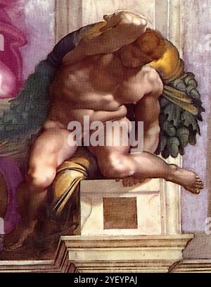 MICHELANGELO di Lodovico Buonarroti Simoni (* 1475, Caprese, d. 1564, Roma) Ignudo 1511 Fresco Cappella Sistina, Vatikan das Bild zeigt den Ignudo in der linken unteren Ecke der Trennung des Lichts von der Dunkelheit (über dem Propheten Jeremia). Die Posen der vier Ignudi in der neunten Bucht unterscheiden sich sehr von einander, ohne dass versucht wird, einen Symmetrieeffekt zu erzielen. So steht das über Jeremia links, mit klassischem Profil und meditativer Haltung, in scharfem Kontrast zu der unglücklichen Bewegung des Rechts, der mit Laub und Eicheln beladen ist, geworfen Stockfoto