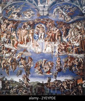 MICHELANGELO di Lodovico Buonarroti Simoni (* 1475, Caprese, d. 1564, Roma) letztes Urteil 1537-41 Fresco, 1370 x 1220 cm Cappella Sistina, Vatikan dieses Fresko wurde von Papst Clemens VII. (1523-1534) kurz vor seinem Tod in Auftrag gegeben. Sein Nachfolger Paul III. Farnese (1534–1549) zwang Michelangelo zur schnellen Ausführung dieses Werkes, des größten einzelnen Freskos des Jahrhunderts. Der erste Eindruck, den wir im Angesicht des Jüngsten Gerichts haben, ist der eines wahrhaft universellen Ereignisses, in dessen Mittelpunkt die mächtige Figur Christi steht. Seine erhobene rechte Hand zwingt die Figuren auf der linken Seite zu Stockfoto