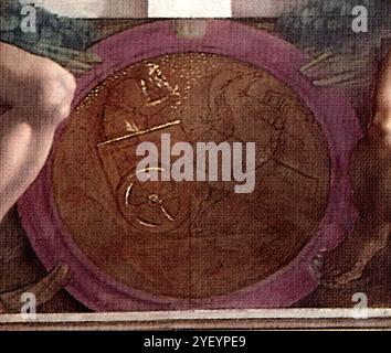 MICHELANGELO di Lodovico Buonarroti Simoni (* 1475, Caprese, d. 1564, Roma) Medaillon 1511 Fresco, Durchmesser ca. 135 cm Cappella Sistina, Vatikan das Medaillon in der neunten Bucht, oberhalb des Jeremia, stellt die Elia dar, die auf dem Feuerwagen zum Himmel aufsteigt. --- Schlüsselwörter: ----------------- Autor: MICHELANGELO di Lodovico Buonarroti Simoni Titel: Medaillon Zeitlinie: 1501-1550 Schule: Italienisch Form: Malerei Art: Religiös Stockfoto