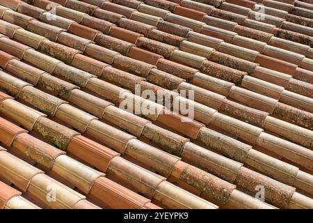 Hintergrund der Dachziegel. Die Dachziegel zeigen ihr Alter. Vor der Dachrenovierung gesehen. Stockfoto