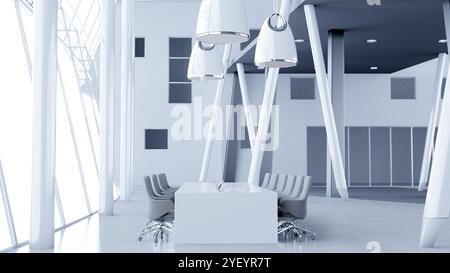 Büro-Konferenzraum mit minimalistischem Design, langem Tisch und großen Glasfenstern, die den Raum mit Licht durchfluten. 3D-Rendering Stockfoto