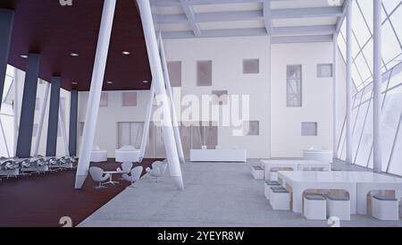 Ein eleganter Konferenzraum mit minimalistischem Design und großen Glasfenstern, die den Raum mit Licht durchfluten. 3D-Rendering Stockfoto