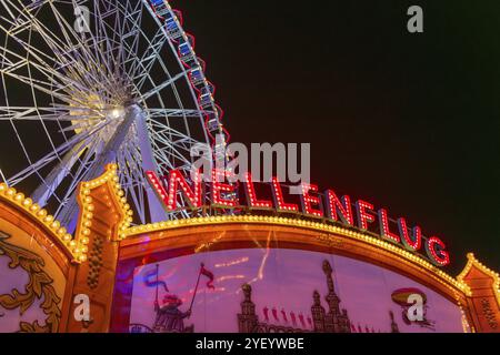 Leuchtende Karussells und ein Riesenrad bei Nacht auf einem Jahrmarkt, Europa Rad, Fahrten, Wellenflug, Cannstatter Wasen, Volksfest, Bad Cannstatt, St. Stockfoto