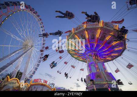 Ein Jahrmarkt in der Abenddämmerung mit beleuchtetem Kettenkarussell und Riesenrad, Europa Rad, Fahrten, Wellenflug, Cannstatter Wasen, Volksfest Bad Cannstatt, S Stockfoto