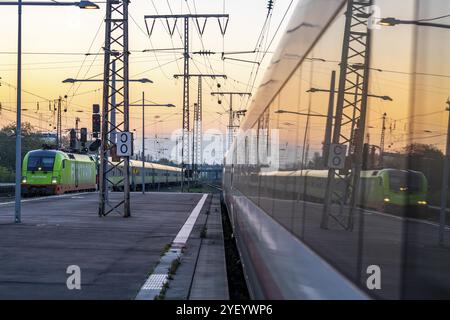 Flixtrain, der am Hauptbahnhof von Essen ankommt, spiegelt sich in einem ICE-Zug in der Dämmerung, Nordrhein-Westfalen, Deutschland, Europa Stockfoto