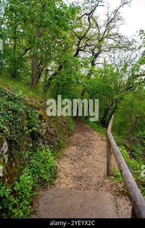 Wanderweg und Felsen am Klosterfelsenweg in der Nähe des Fürstenparks Inzigkofen, Naturpark obere Donau, Baden-Württemberg. Stockfoto