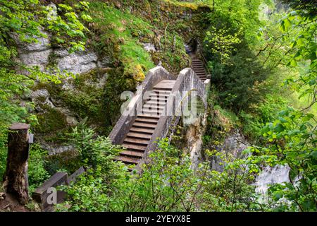 Blick auf die Teufelsbrücke bei Inzigkofen, Deutschland. Die Donau schwimmt im Tal auf der rechten Seite. Stockfoto