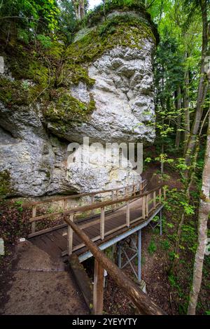 Wanderweg und Felsen am Klosterfelsenweg in der Nähe des Fürstenparks Inzigkofen, Naturpark obere Donau, Baden-Württemberg. Stockfoto