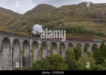 Der Jacobite Steam Train, Dampfeisenbahn auf dem Glenfinnan-Eisenbahnviadukt, bekannt aus Harry Potter, Glenfinnan, Highlands, Schottland, Großbritannien Stockfoto