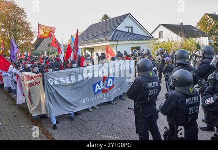 Henstedt Ulzburg, Deutschland. November 2024. Teilnehmer einer Demonstration gegen die Landesparteikonferenz der AfD Schleswig-Holstein im Gemeindezentrum werden von Polizisten konfrontiert. Quelle: Georg Wendt/dpa/Alamy Live News Stockfoto