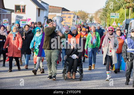 Henstedt Ulzburg, Deutschland. November 2024. Teilnehmer einer Demonstration gegen die Landesparteikonferenz der AfD Schleswig-Holstein im Gemeindezentrum sind auf einer Straße. Quelle: Georg Wendt/dpa/Alamy Live News Stockfoto