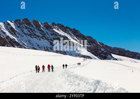 Blick auf den schneebedeckten Trugberg entlang des Wanderweges vom Jungfraugipfel zur Mönchsjochhütte, Schweizer Alpen, Schweiz Stockfoto