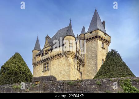 Chateau de Clerans hat ein schönes Schieferdach mit Türmen und Ziersteinarbeiten, Saint-Leon-sur-Vezere, Dordogne, Frankreich, Europa Stockfoto