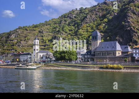 Blick auf Sankt Goarshausen vom Rhein, Deutschland, Europa Stockfoto