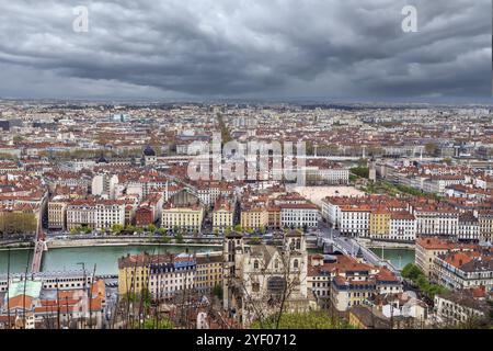 Blick auf Lyon von der Basilika Notre-Dame de Fourviere, Frane Stockfoto