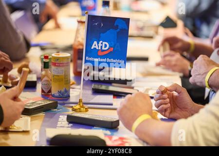 Henstedt Ulzburg, Deutschland. November 2024. Mitglieder der AfD sitzen an ihren Sitzen auf der Landesparteikonferenz der AfD Schleswig-Holstein im Bürgerhaus. Quelle: Georg Wendt/dpa/Alamy Live News Stockfoto