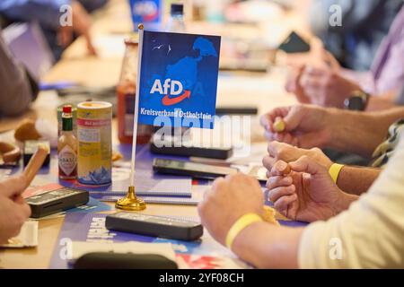 Henstedt Ulzburg, Deutschland. November 2024. Mitglieder der AfD sitzen an ihren Sitzen auf der Landesparteikonferenz der AfD Schleswig-Holstein im Bürgerhaus. Quelle: Georg Wendt/dpa/Alamy Live News Stockfoto