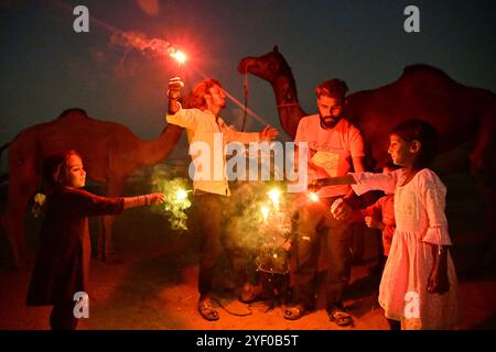 Ajmer, Indien. November 2024. Kamelhirten zünden Feuerwerkskörper an, während sie das Diwali-Festival in Puschkar feiern. Diwali, auch bekannt als Festival der Lichter, ist eines der am weitesten gefeierten Hindufeste, das den Sieg des Lichts über die Dunkelheit und des Guten über das Böse symbolisiert. (Foto: Shaukat Ahmed/Pacific Press) Credit: Pacific Press Media Production Corp./Alamy Live News Stockfoto