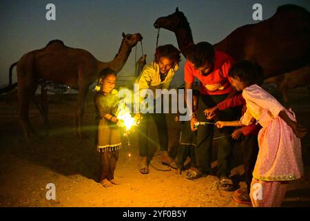 Ajmer, Indien. November 2024. Kamelhirten zünden Feuerwerkskörper an, während sie das Diwali-Festival in Puschkar feiern. Diwali, auch bekannt als Festival der Lichter, ist eines der am weitesten gefeierten Hindufeste, das den Sieg des Lichts über die Dunkelheit und des Guten über das Böse symbolisiert. (Foto: Shaukat Ahmed/Pacific Press) Credit: Pacific Press Media Production Corp./Alamy Live News Stockfoto