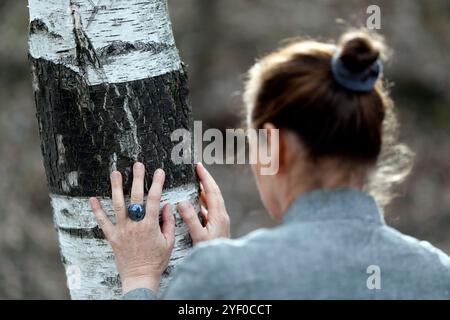 Naturtherapie. Qi Gong und Waldbaden, auch bekannt als Shinrin-Yoku. Frankreich. Stockfoto