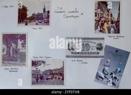1973 Scrapbook-Seite von einer Pan am-Flugbegleiterreise nach Kopenhagen, Dänemark. Stockfoto