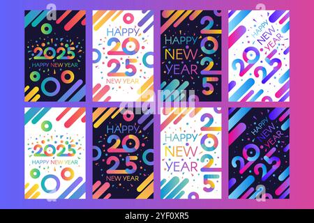 Vertikales Happy 2025 Neujahrsplakat in Licht- und Nachtdisco-Farbverläufen mit Datum 2025 und festlichem Feuerwerk. Vorlage zum Drucken, Stock Vektor