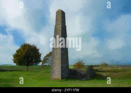 Digitales Ölgemälde der Magpie-Mine. Eine verlassene Bleimine in der Nähe des Dorfes Sheldon an einem sonnigen Herbsttag im Derbyshire Peak District, Stockfoto