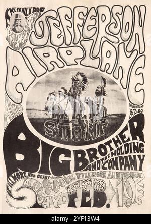 Jefferson Airplane, Big Brother and the Holding Company (Janis Joplin). „A Tribal Stomp“ 1966 Family Dog Fillmore – Vintage-Konzertposter Stockfoto