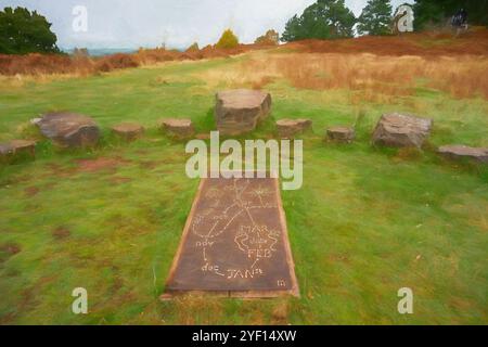 Eine digitale Illustration der analemmatischen Sonnenuhr von Berkswich in Cannock Chase, Staffordshire, England, Großbritannien. Stockfoto