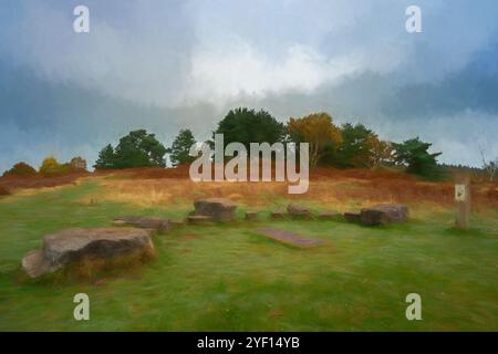 Eine digitale Illustration der analemmatischen Sonnenuhr von Berkswich in Cannock Chase, Staffordshire, England, Großbritannien. Stockfoto