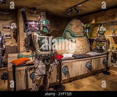 Star Wars Traveling Galaxy - Jabba the Hut und Boba Fett in Budapest, Ungarn. Stockfoto