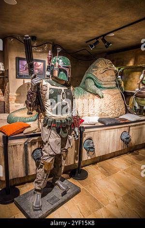 Star Wars Traveling Galaxy - Jabba the Hut und Boba Fett in Budapest, Ungarn. Stockfoto