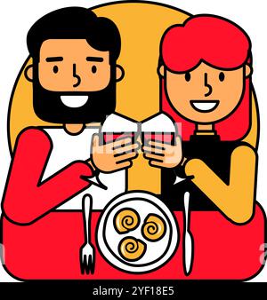 Ein liebevolles Paar genießt ein romantisches Abendessen in einem Restaurant, trinkt Wein und isst saftige Schnecken Vektor-Karikaturillustration. Lebhaft und festlich Stock Vektor