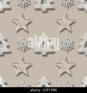 Nahtloses Muster von weihnachtlichem weißem hölzernem Rentier, Schneeflocken, Weihnachtsbaum auf neutralem beigem Hintergrund im skandinavischen Stil. Xmas scandi abstrakte Wal Stockfoto