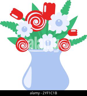 Vektor-Grafik-Illustration des Blumenstraußes in einer Vase im lebhaften festen Cartoon-Stil. Frühlings- oder Sommerdekoration. Herrliche Mischung aus Blumen und Gr Stock Vektor