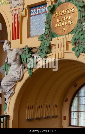 Dekorationen aus der Haupthalle (Fantova budova) des Prager Bahnhofs (Praha hlavní nádraží), dem größten Jugendstildenkmal in der Republik Czeck. Stockfoto