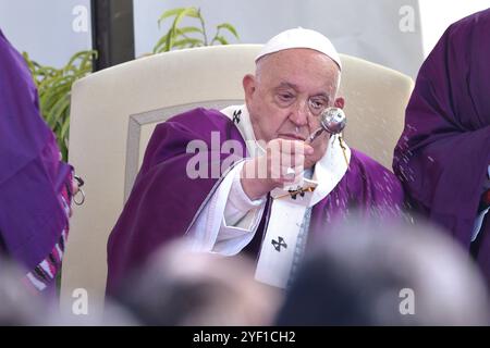 Vatikanstadt, Vatikanstadt. November 2024. Papst Franziskus leitet die päpstliche Messe zum Allerseelen-Tag zum Gedenken an alle verreisten Gläubigen auf dem Cimitero Laurentino, einem Friedhof am Stadtrand Roms, am Samstag, 2. November 2024. Quelle: dpa/Alamy Live News Stockfoto