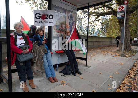 Am 2. November 2024 trafen sich Tausende von Menschen in Whitehall, um zur amerikanischen Botschaft zu marschieren, um Palästina zu unterstützen und einen Waffenstillstand und das Ende zu fordern Stockfoto