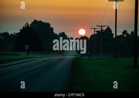 Sonnenaufgang am frühen Morgen auf einer Landstraße mit Bodennebel und taufendem Gras Stockfoto